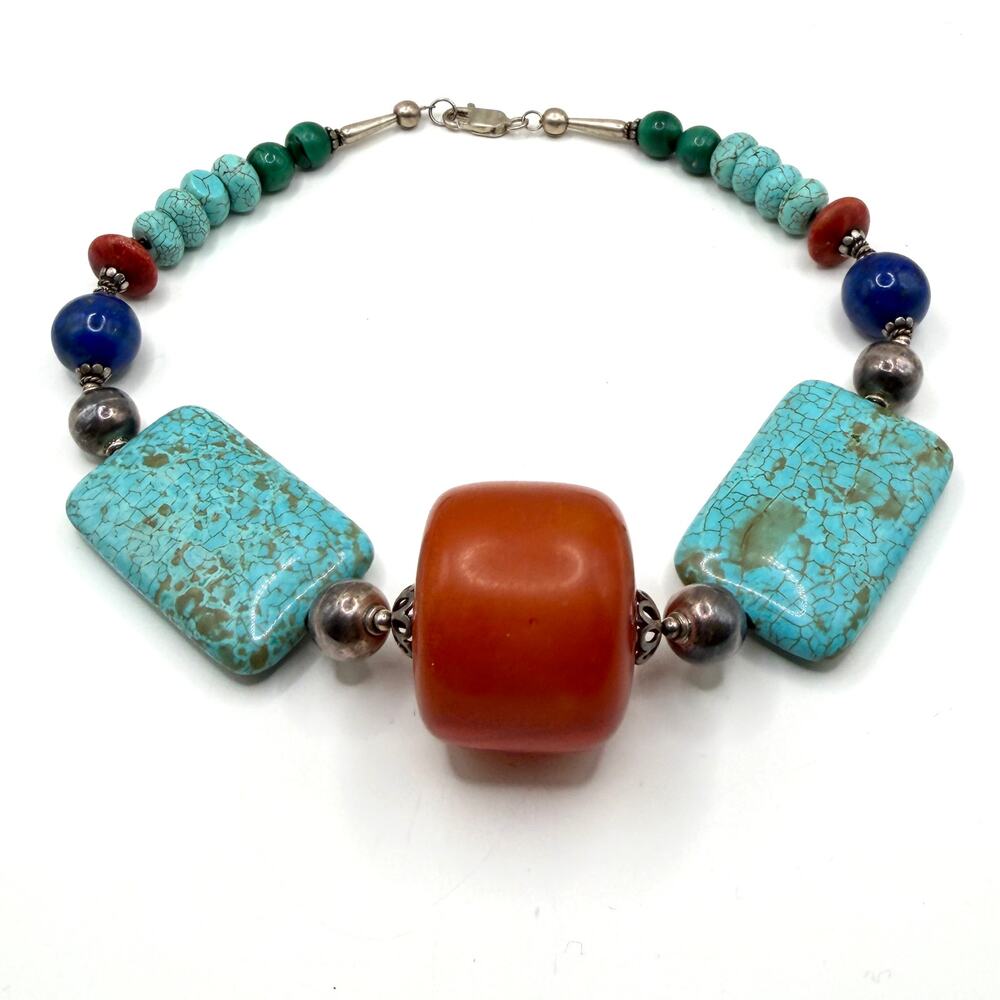Vintage 90s Southwestern Sterling Turquoise Genuine Amber Necklace